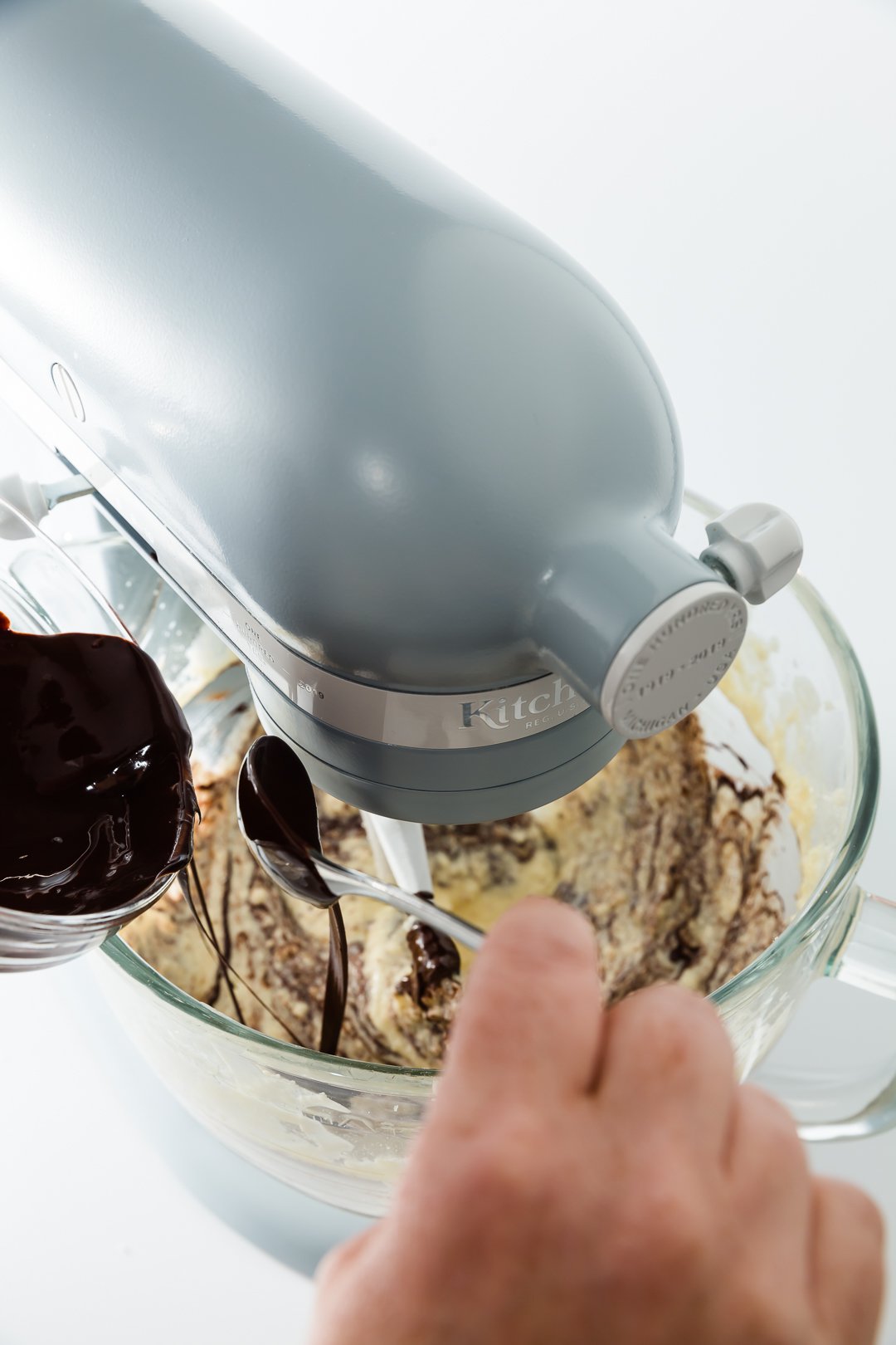 Adding melted chocolate to batter