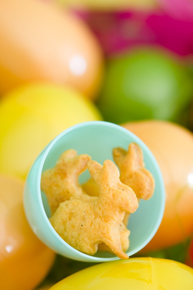 Goldfish crackers cut out in the shape of bunnies for Easter