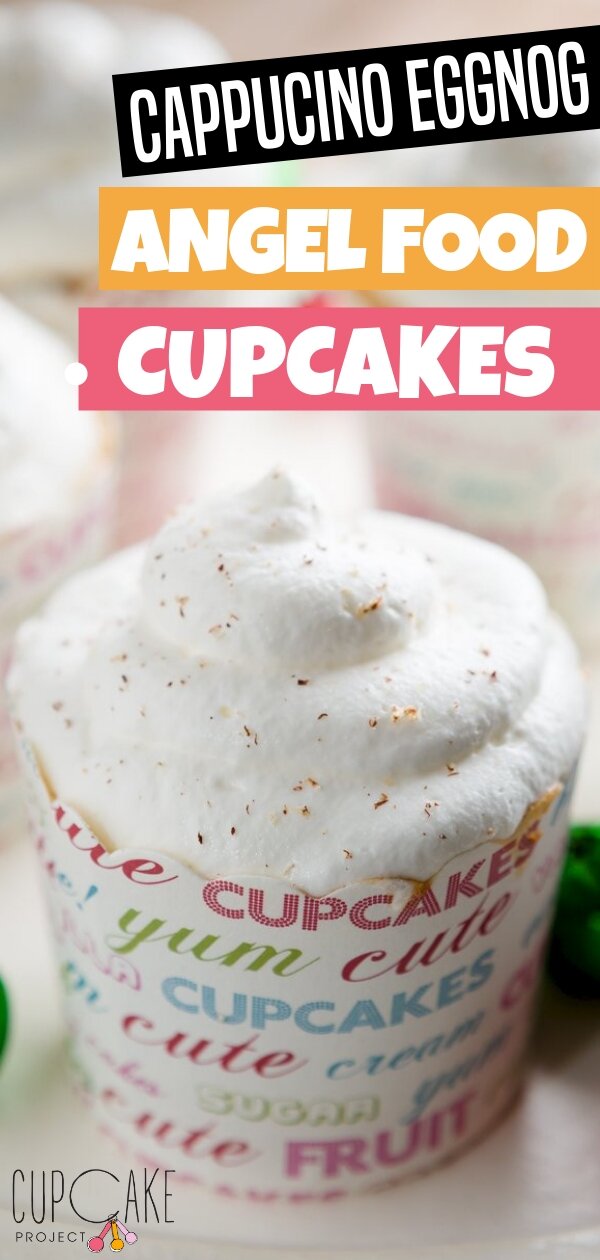 This heavenly light cappuccino eggnog is an easy angel food cupcake that smells like a bag of coffee beans! They are topped with a dollop of snowy white whipped cream. Save this angel food cake recipe for later!