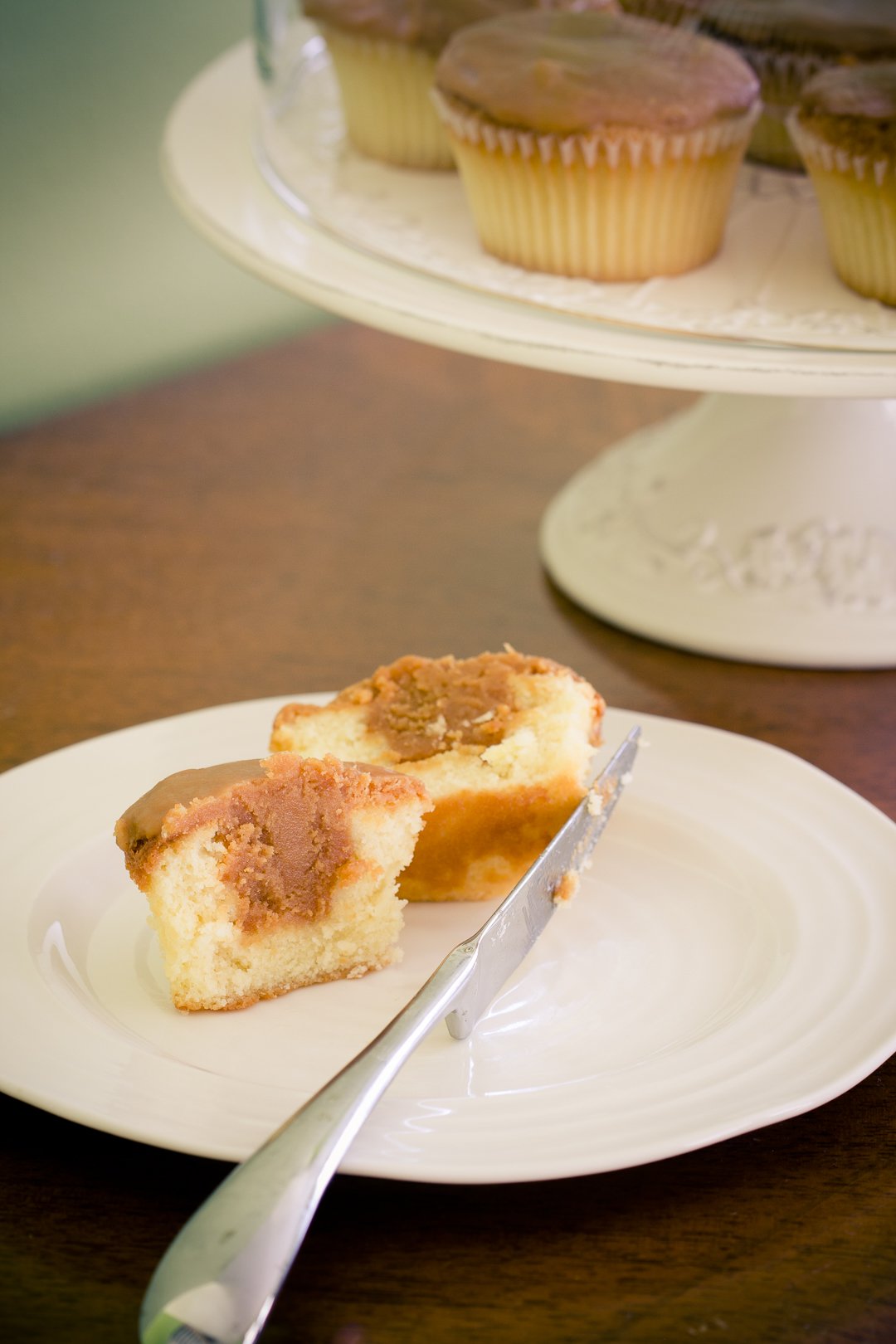 Caramel stuffed cupcake cut in half