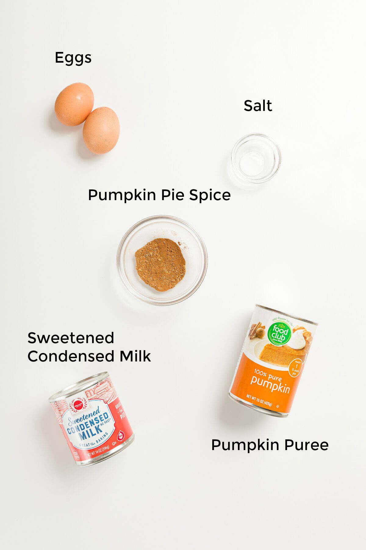 Labeled ingredient shot of all ingredients in pumpkin pie