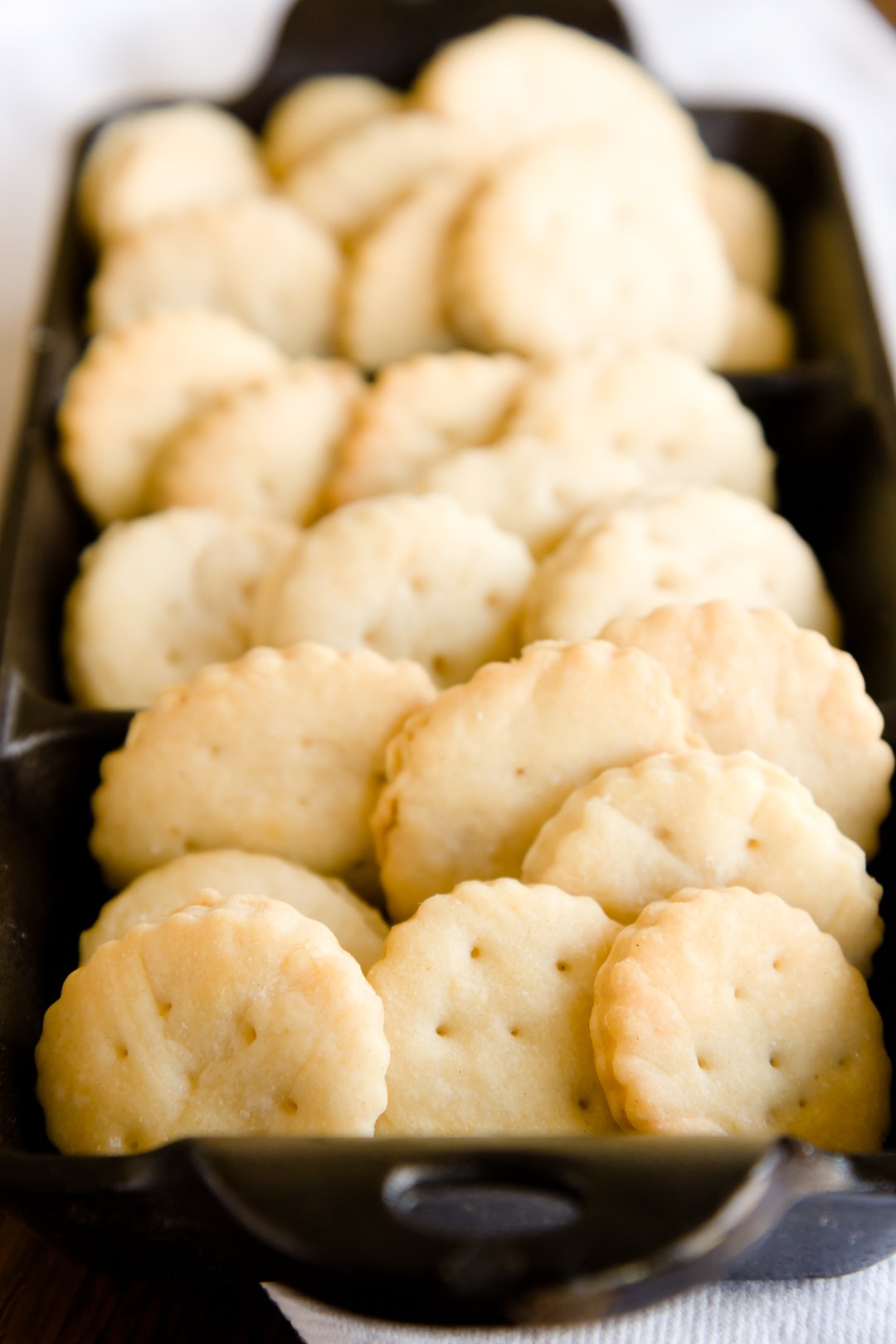 Tray of homemade Ritz crackers