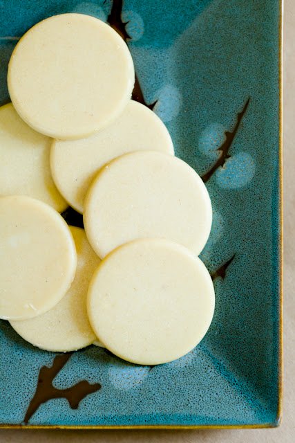 Overhead view of homemade white chocolate discs