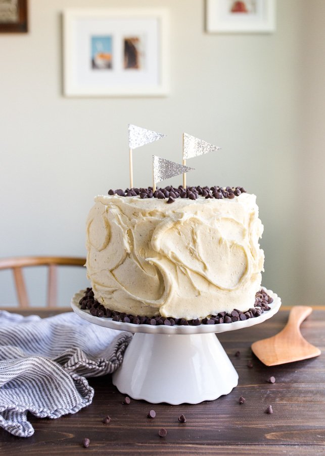 Cookie dough cake on a cake stand