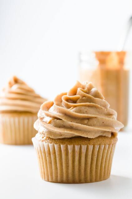 Peanut butter frosting on peanut butter cupcakes