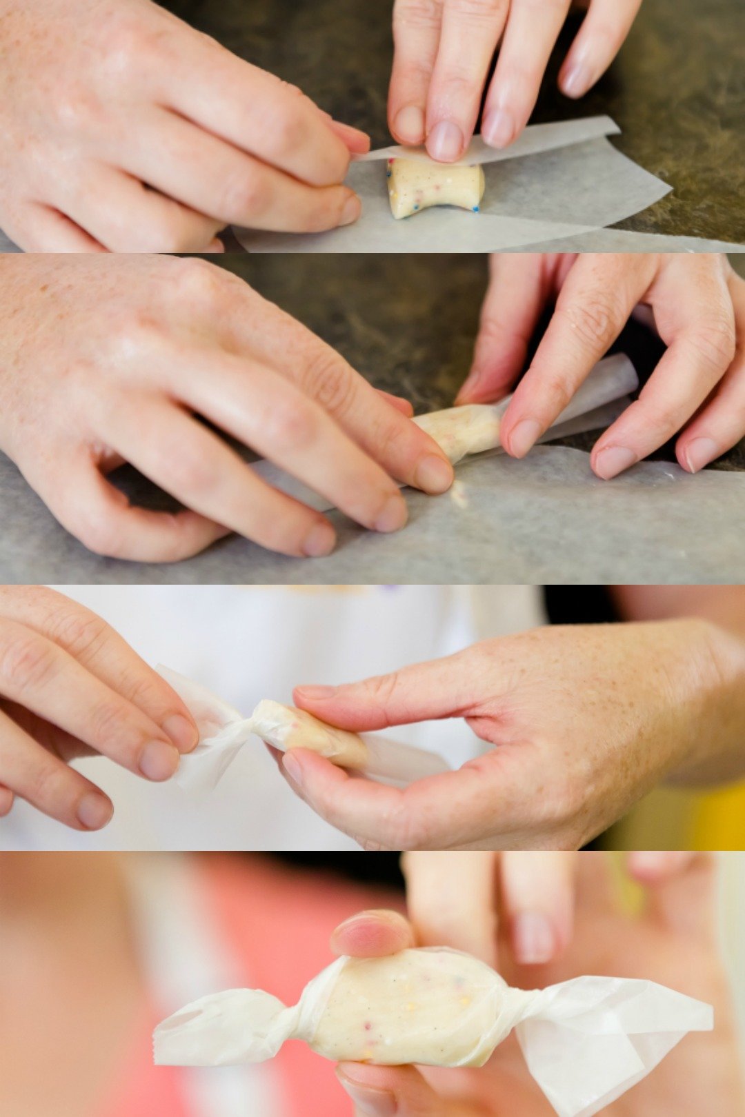 Four photos that show folding waxed paper over salt water taffy and wrapping it up