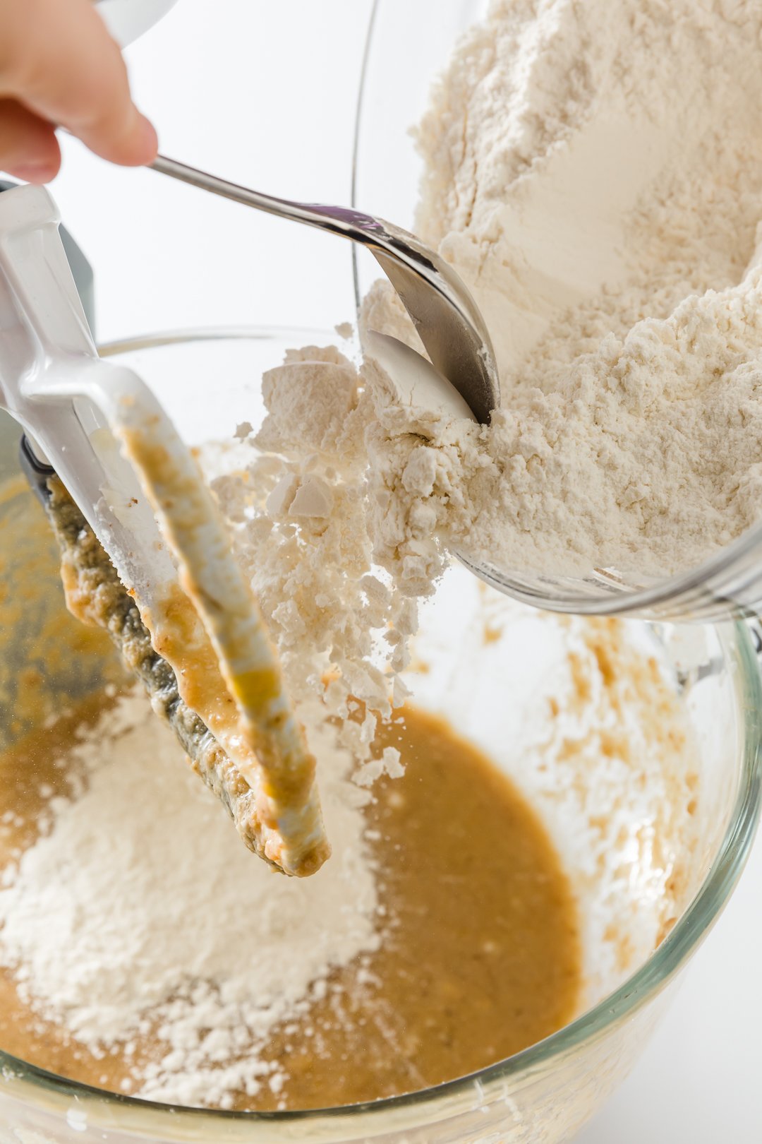 Add a little of the dry ingredients to the bowl of a stand mixer