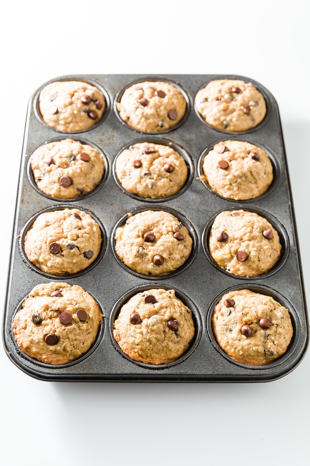 Banana Oatmeal Chocolate Chip Muffins fully baked in muffin tin