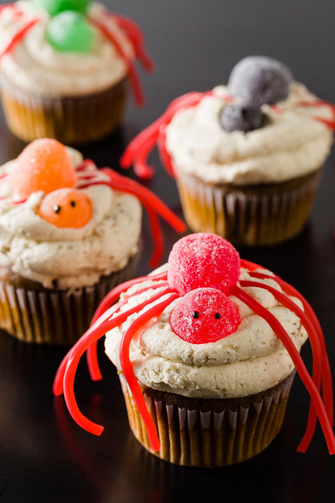 Halloween cupcakes decorated like spiders