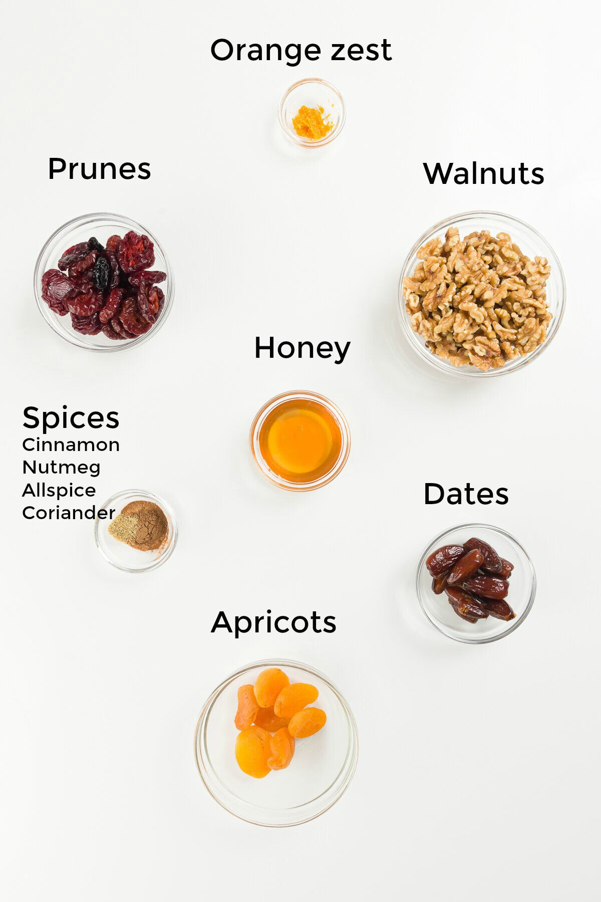 Labeled ingredient shot of everything in sugar plums