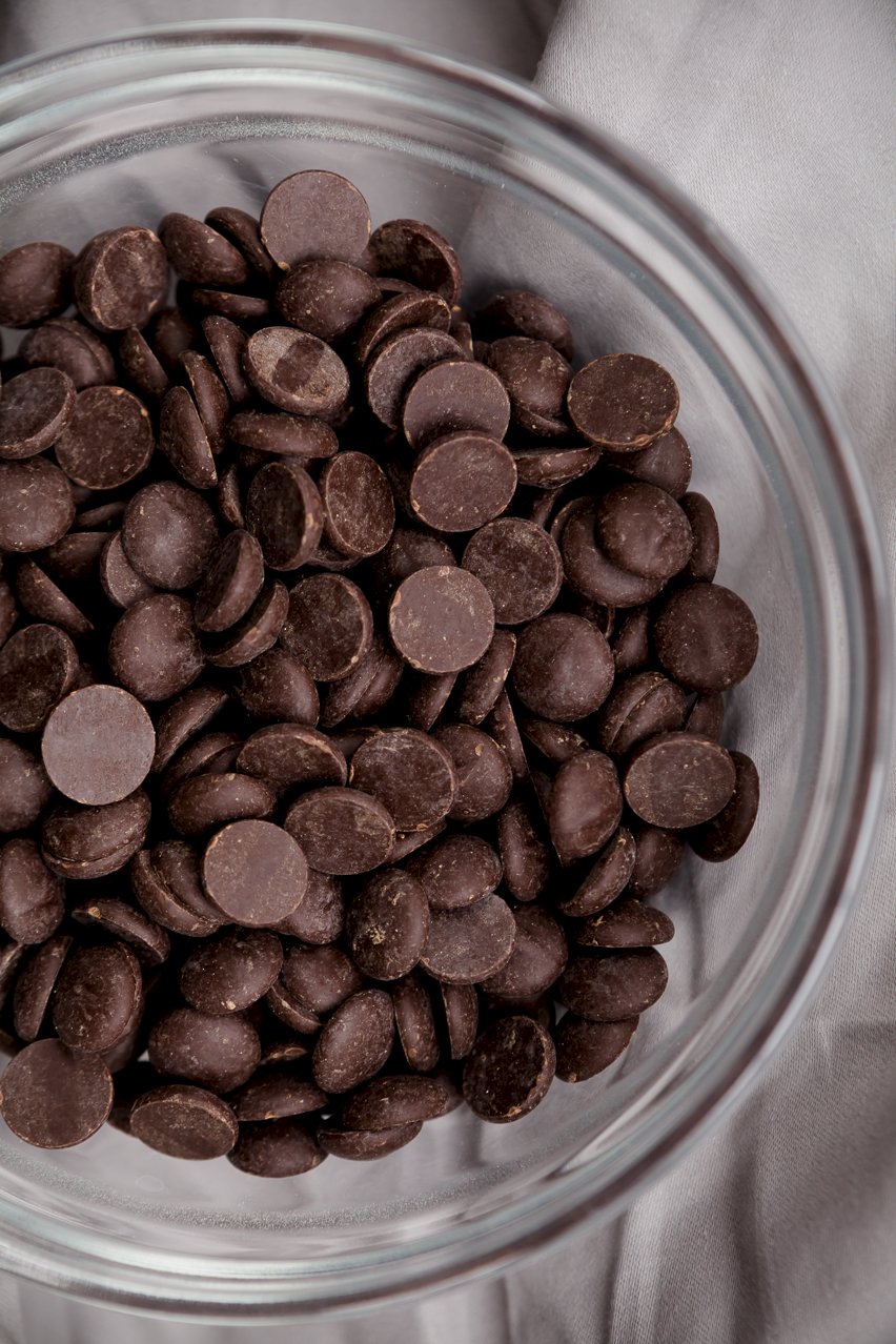 Overhead view of a bowl of dark chocolate chips