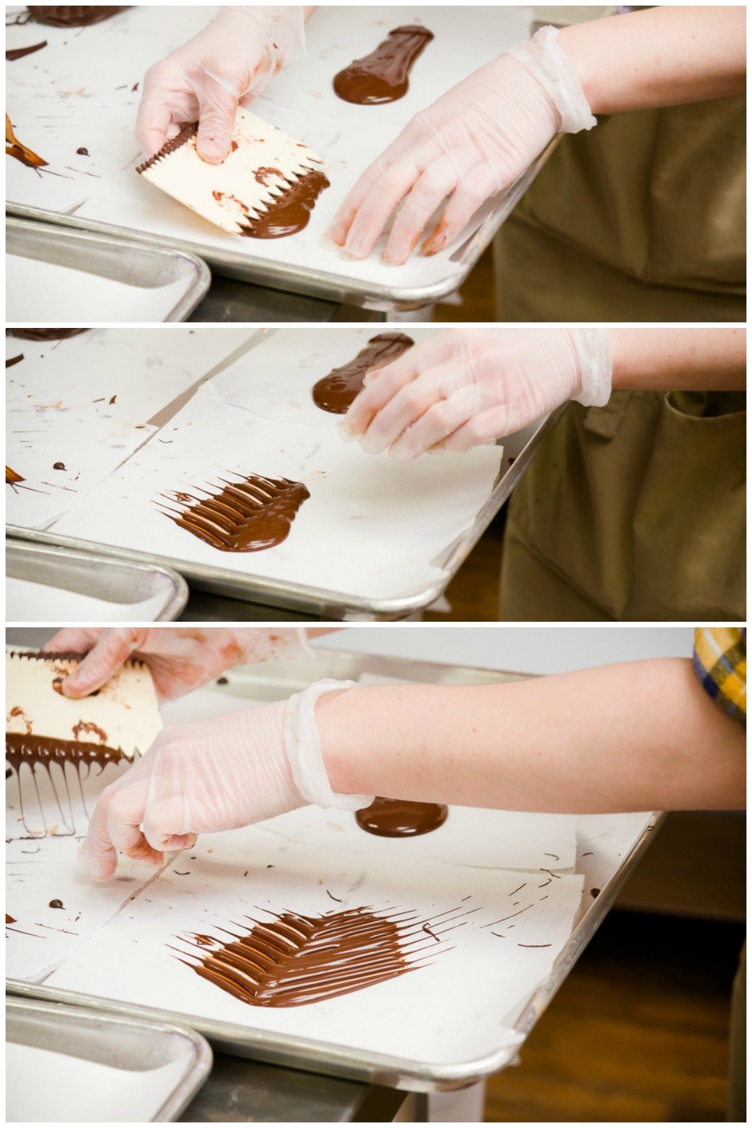 Collage of three images showing using a comb to make chocolate leaves
