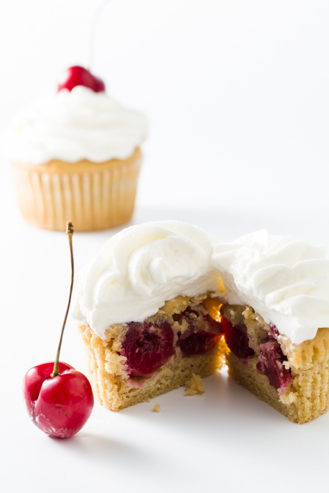 The inside of a cherry cobbler cupcake