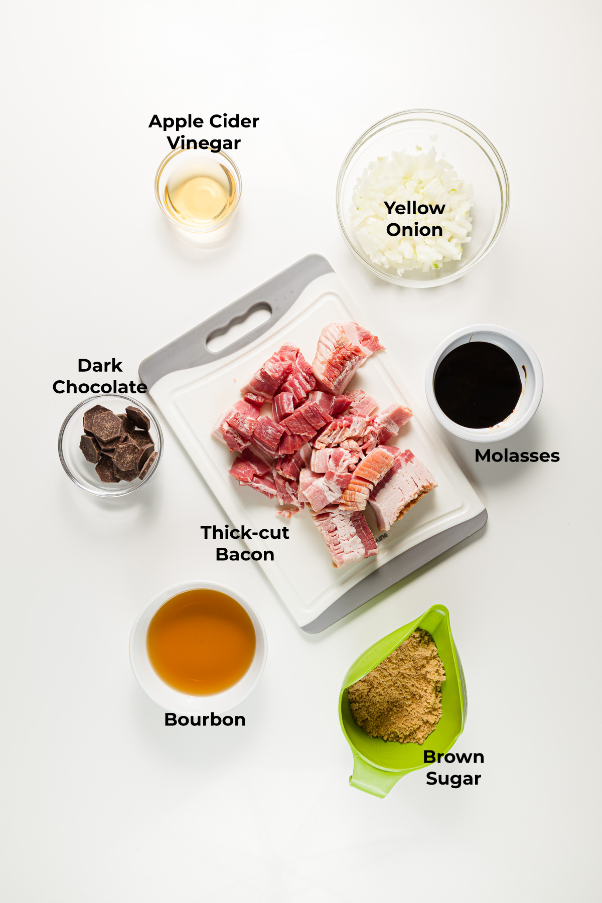 Overhead shot of all chocolate bourbon bacon jam ingredients