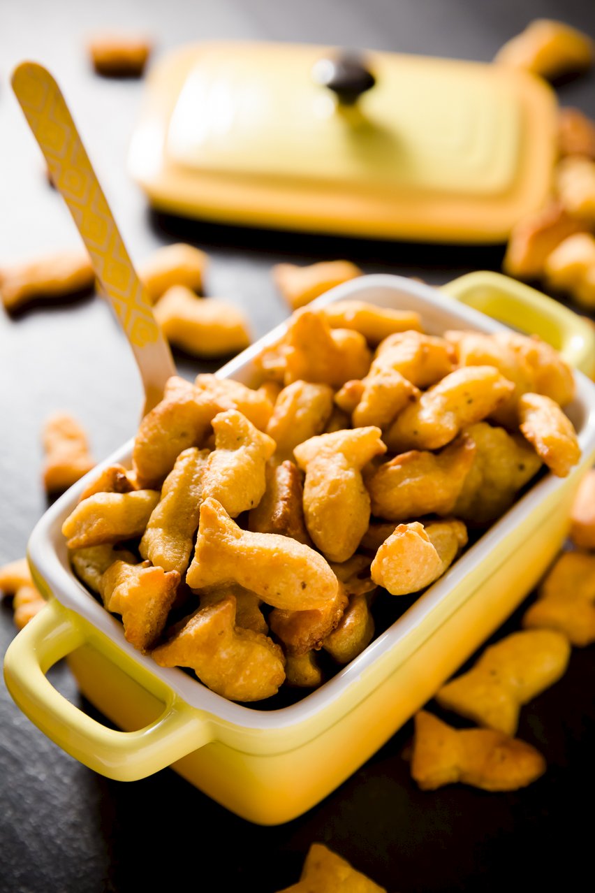 Homemade goldfish in a small yellow ramekin