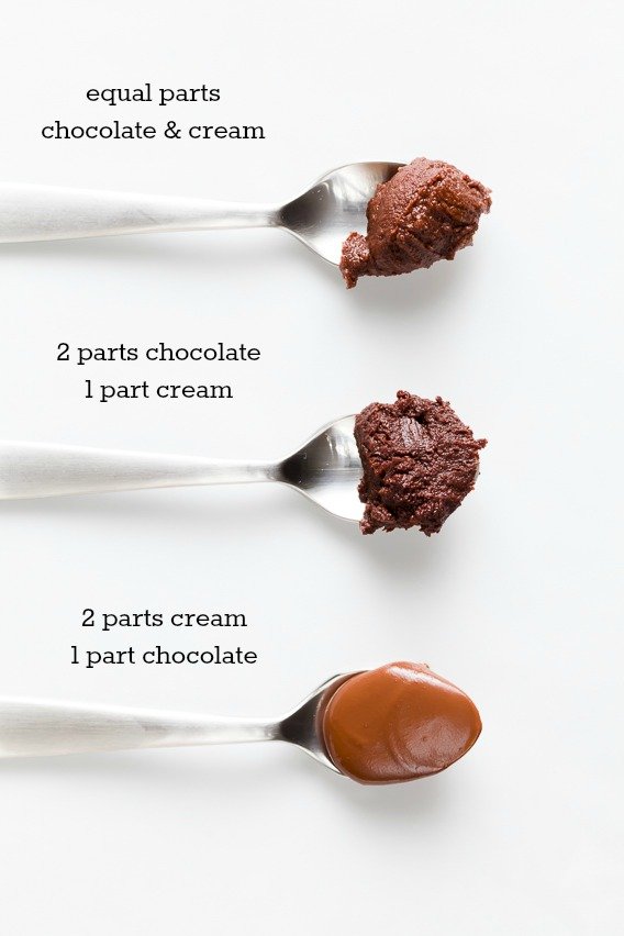 Cooled ganache on three spoons, made with 1:1, 2:1, and 1:2 ratios of chocolate to cream