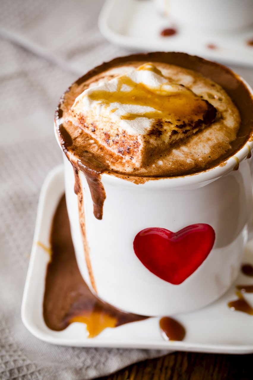 closeup shot of a mug of hot chocolate with a large marshmallow on top
