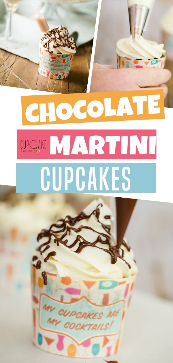 You found the best chocolate martini cupcake recipe on the planet! Ordinary chocolate made extra special and fun with a kick! Squeezing martini with a twist is the fun part! Save this pin for later!