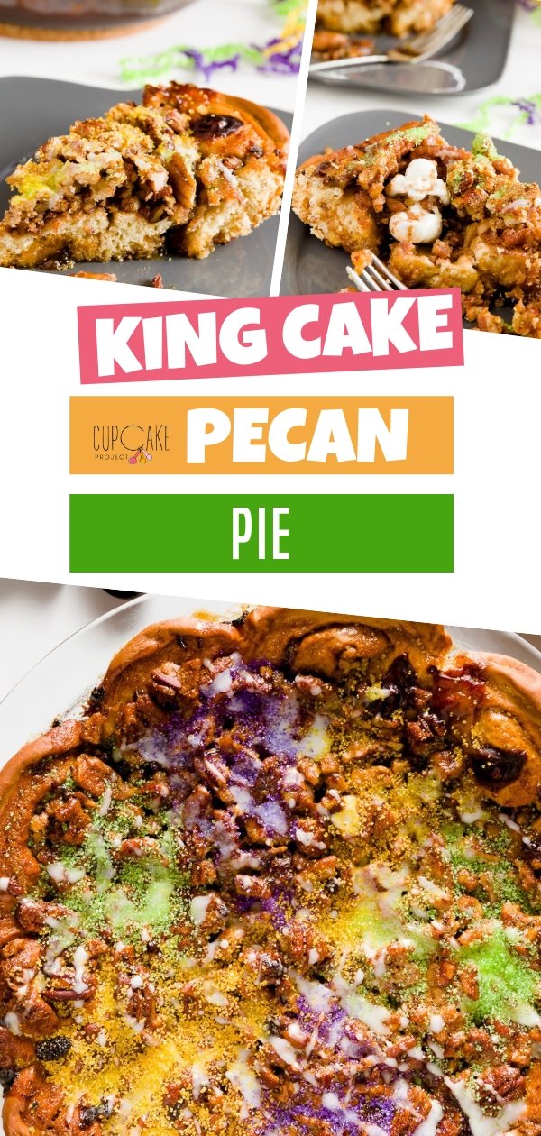 This is a bread-like cake that tastes like a nutty cinnamon roll. King cake pecan pie is famous for its vibrant decoration in the Mardi Gras colors as well as the tiny baby hidden in the pie.