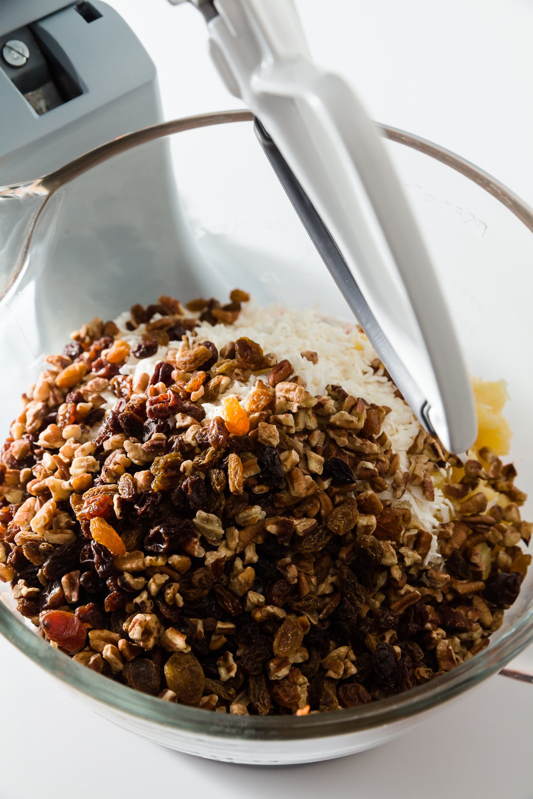 Nuts and raisins in carrot cake batter