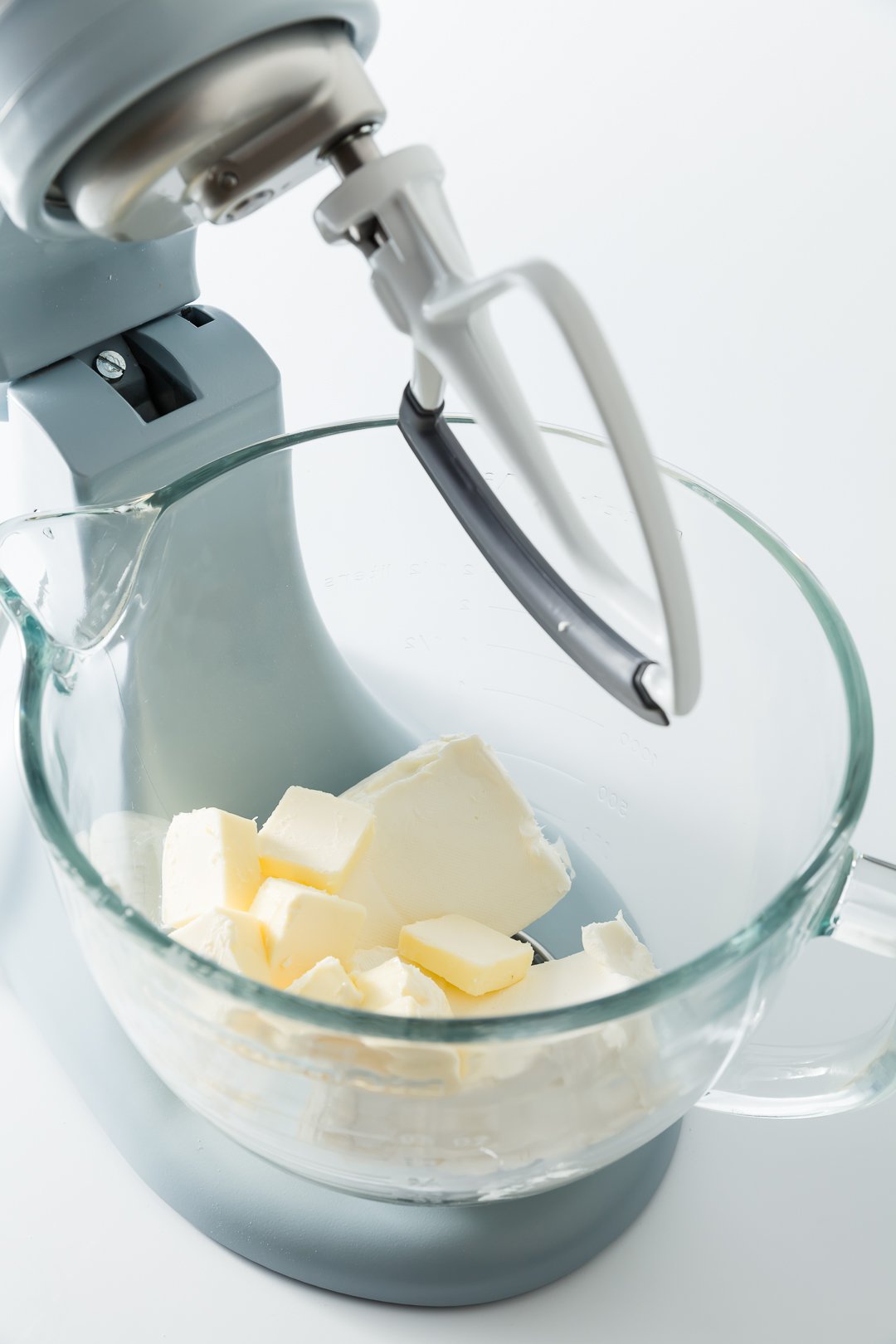 Butter and cream cheese in a kitchenaid mixer