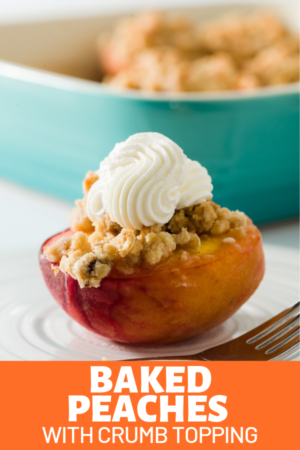 Sweet, juicy baked peaches are made even better when filled with a buttery, crispy crumb topping. They are best served hot, right out of the oven with with ice cream or whipped cream!