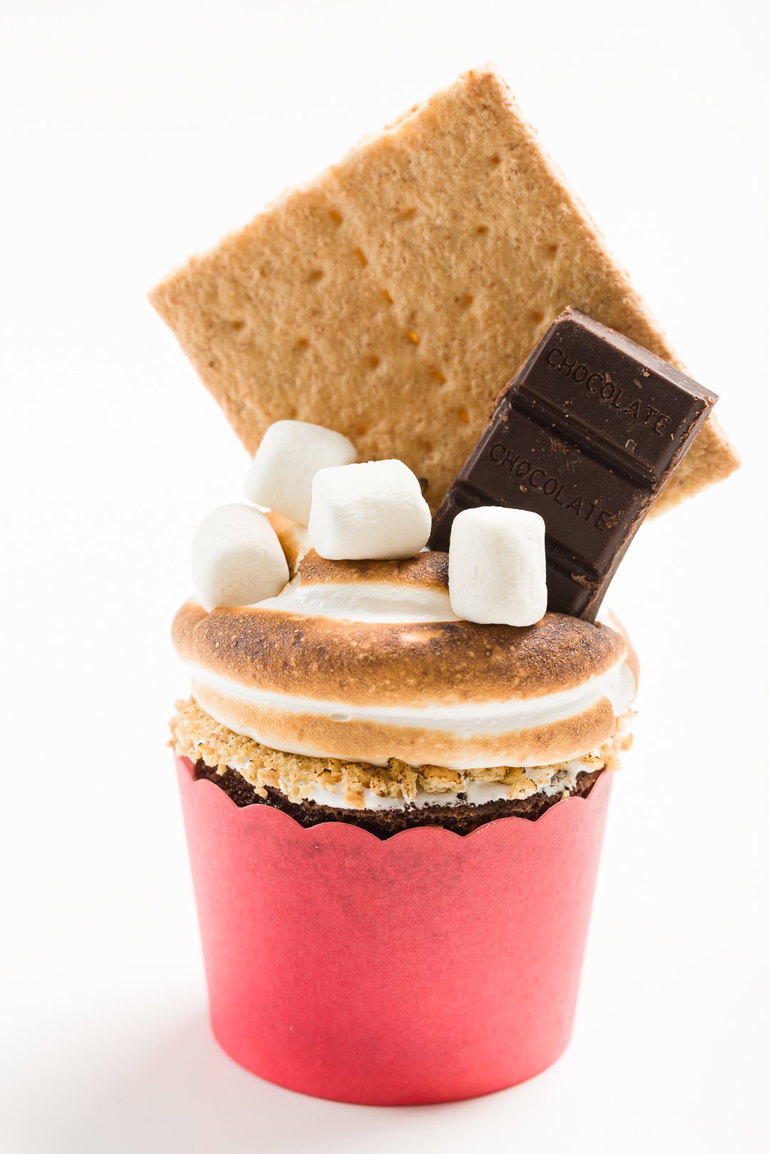 Decorated S'mores Cupcakes on a white background