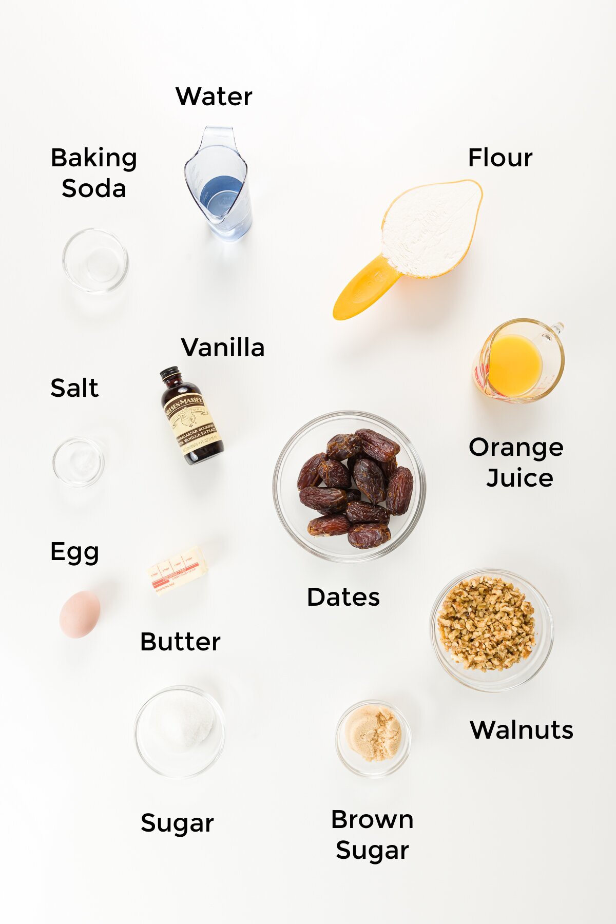 Top down view of date nut bread ingredients