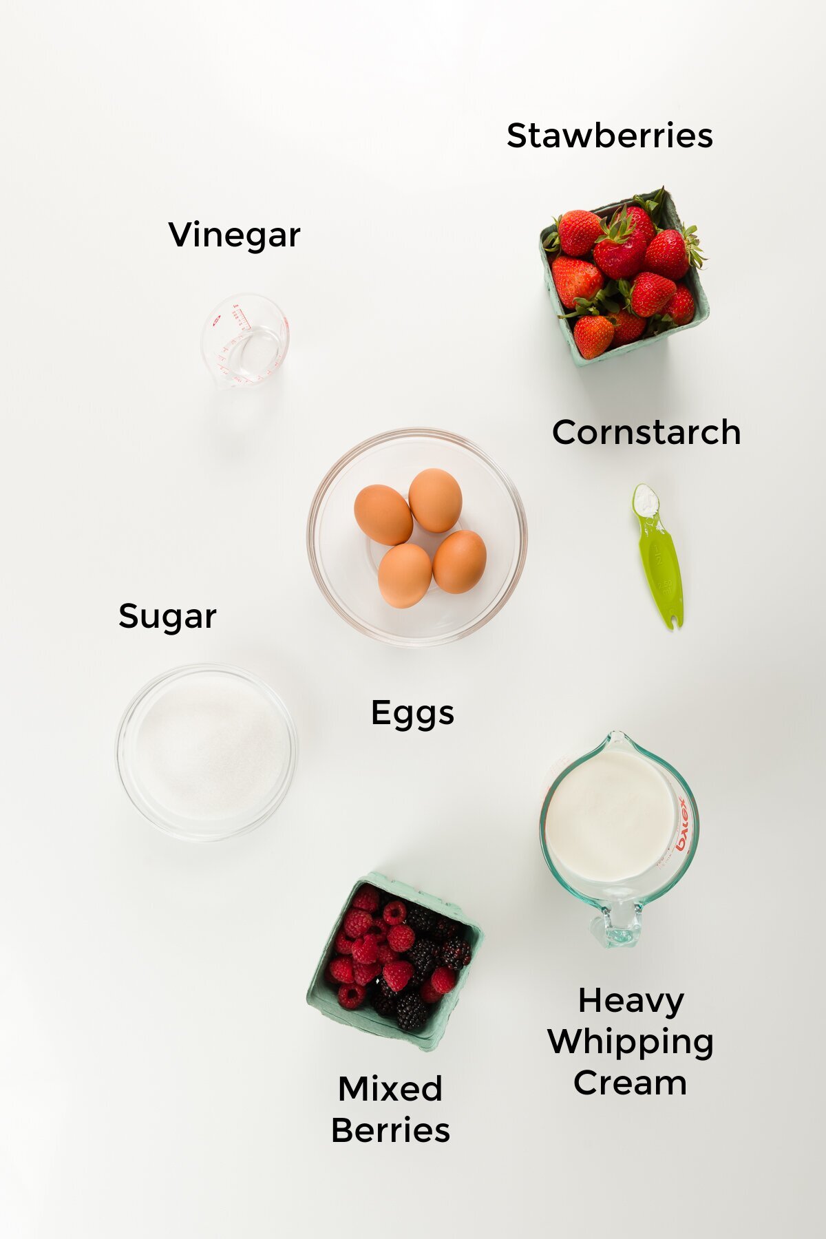 Overhead shot of pavlova ingredients - labelled