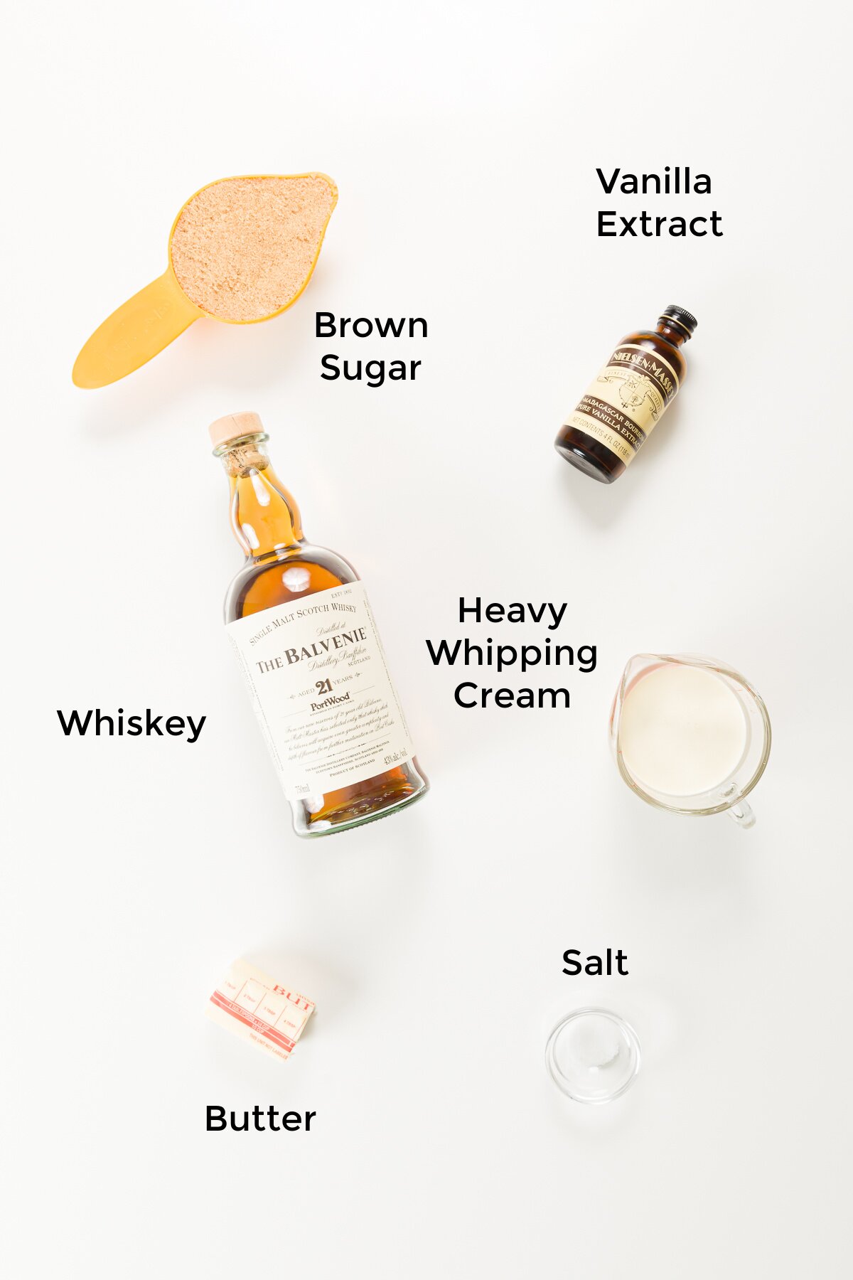 Whiskey sauce ingredients shown top down