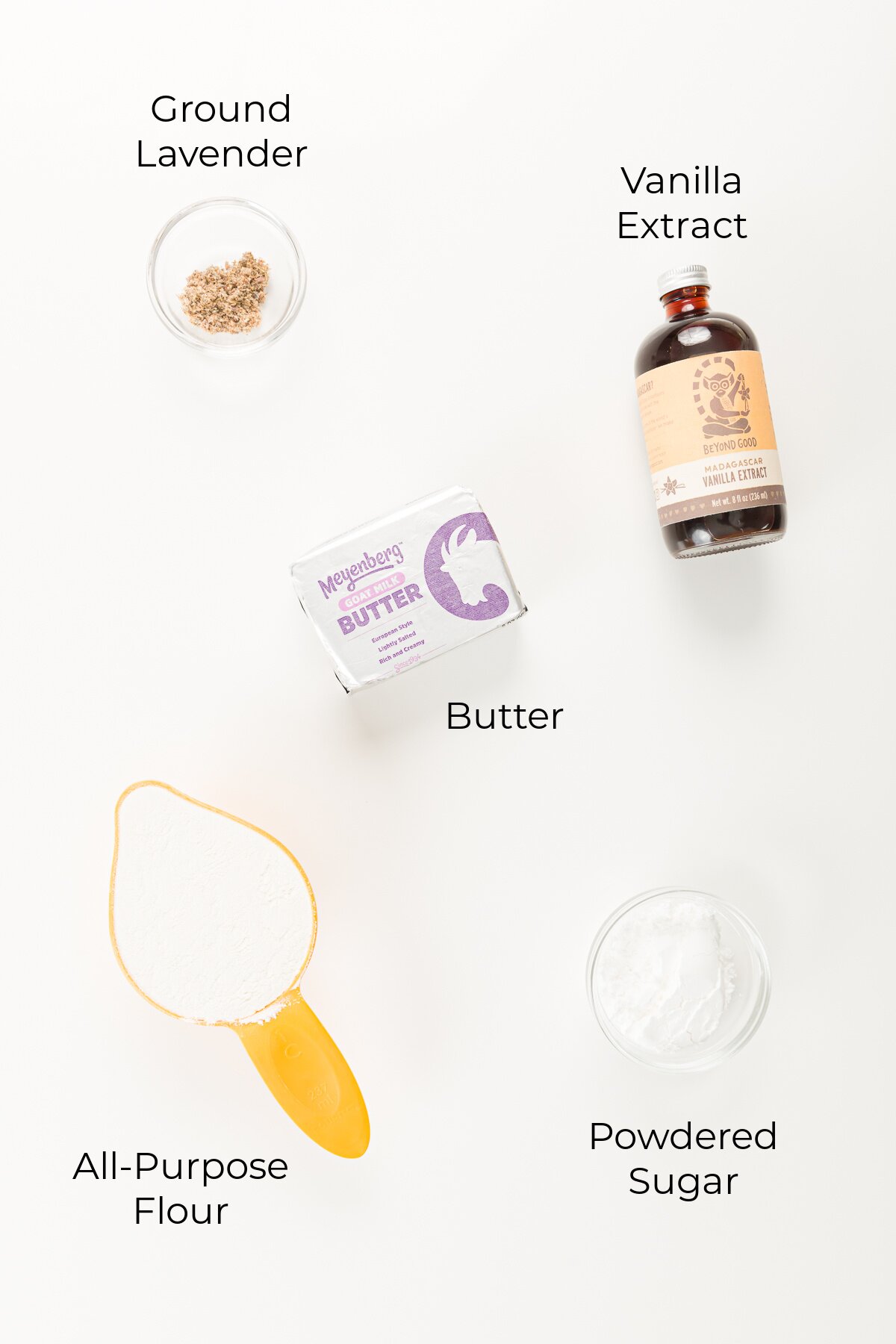 Overhead shot of lavender cookie ingredients