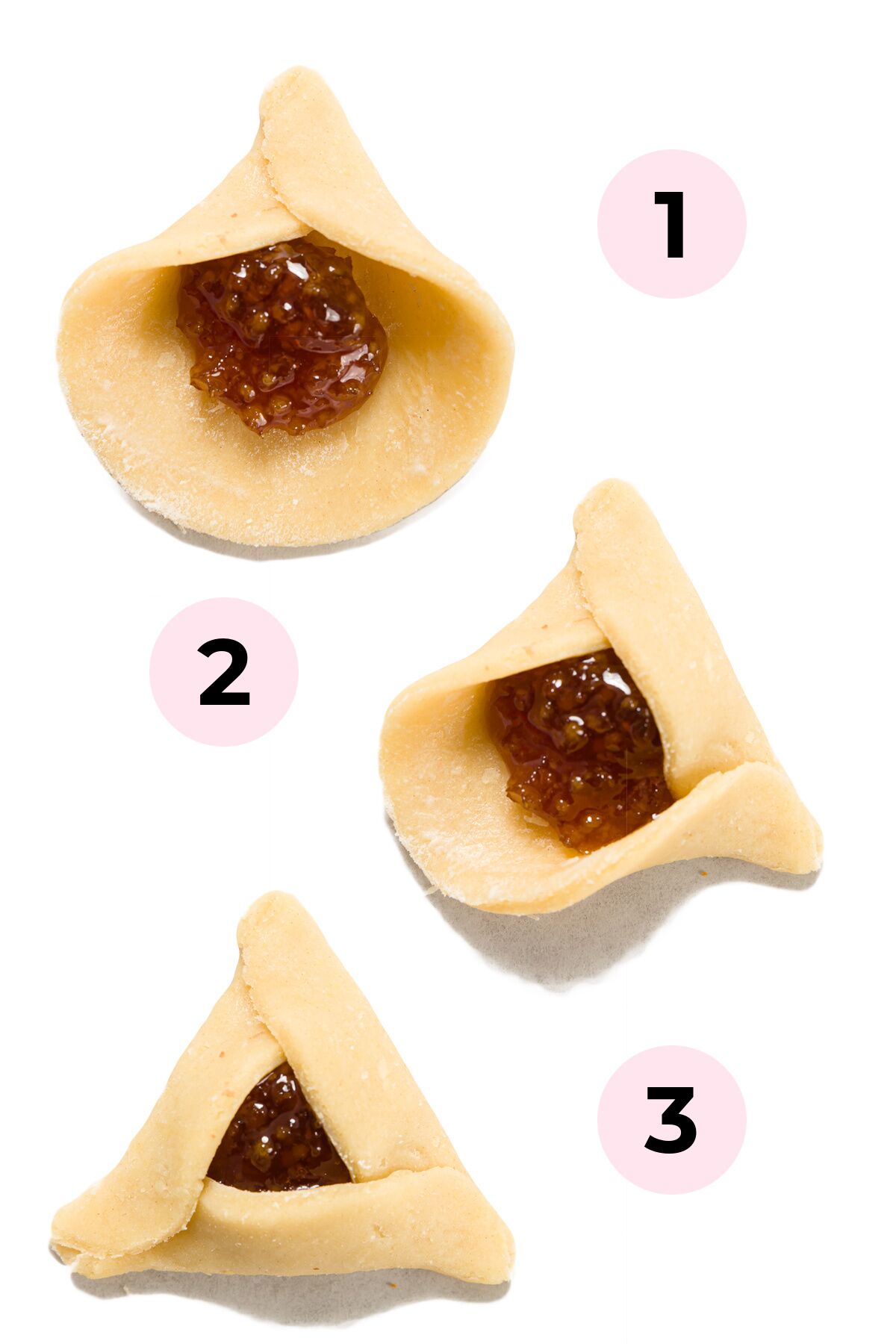 Top-down view of the three folds required to make Hamantaschen