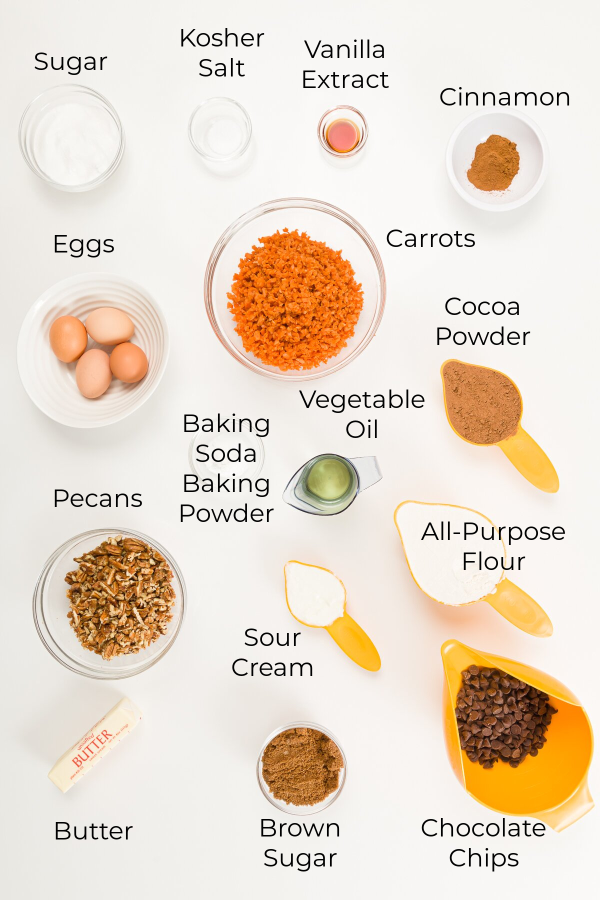 Top down view of chocolate carrot cake ingredients